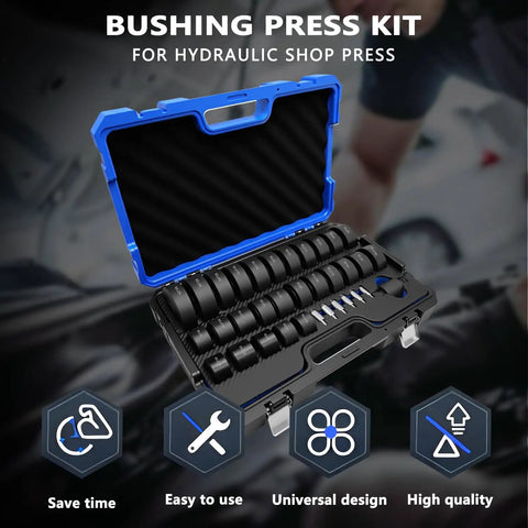 35Pcs Bushing Press Kit For Hydraulic Shop Press Pro Grade Universal Seals Bearings Removal Tool with open blue case