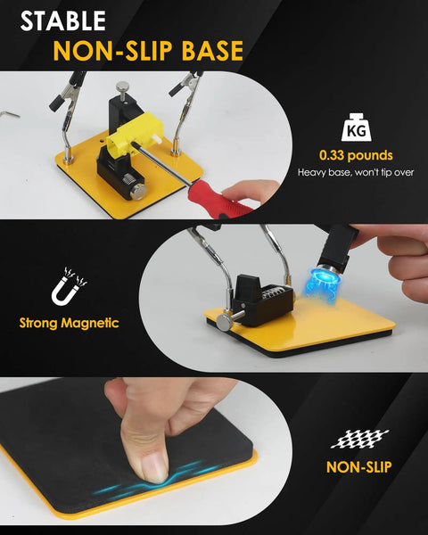 Helping Hands Soldering Station With 2 Way Magnetic PCB Holder Clamps showcasing non-slip base stability features