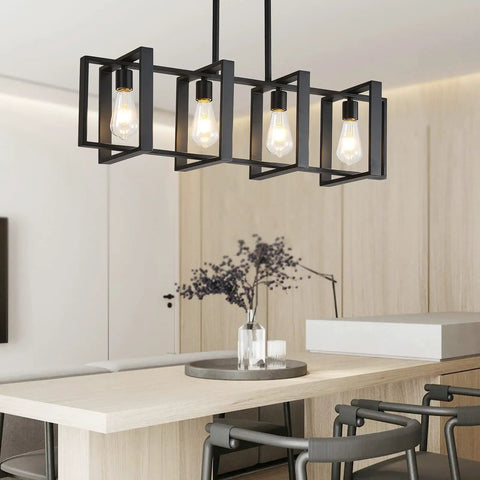 Dope Farmhouse Rectangle Chandelier For Dining Rooms And Kitchen Islands, 31.5 Inch Modern Linear Hanging Light Fixture In Matte Black, 4 Light Industrial Pendant Lighting With Adjustable Rods, Easy Install over table