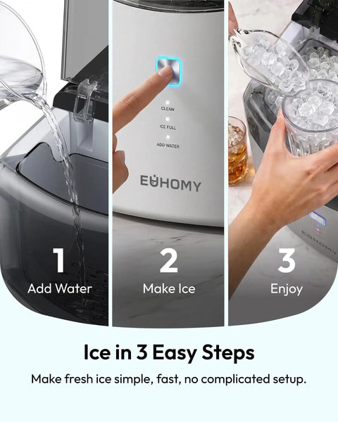 premium_countertop_nugget_ice_maker_rapidly_chills_your_kitchen_with_up_to_35_pounds_of_smooth_crushed_ice_daily_featuring_a_lightning_fast_five_minute_production,_zero_hassle_self_cleaning,_and_game_changing_reliable_build_for_every_busy_american_househo showing water being added, ice-making button pressed, and ice retrieved.