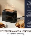 Top Shelf 2 Slice Toaster features cool touch exterior and massive 1 25 inch slots for toasting, with ETL certification for safety.