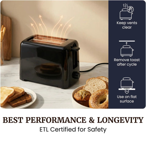 Top Shelf 2 Slice Toaster features cool touch exterior and massive 1 25 inch slots for toasting, with ETL certification for safety.