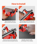 Installation process of Heavy-Duty Pipe Chain Vise Workhorse With Two Bending Dies, showing steps to secure pipe using cast iron base.