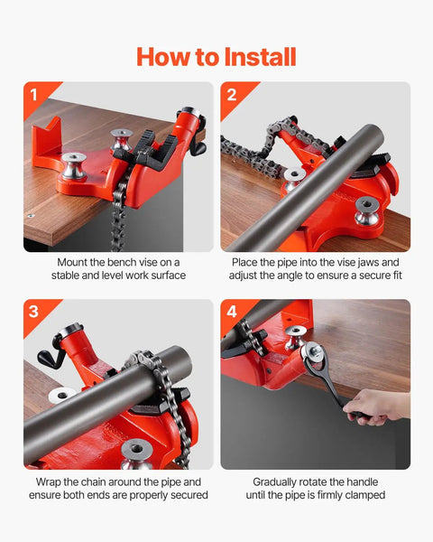 Installation process of Heavy-Duty Pipe Chain Vise Workhorse With Two Bending Dies, showing steps to secure pipe using cast iron base.
