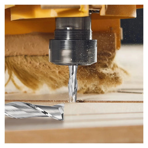 Close-up carbide end milling cutter with 1/8 in shank, 2-flute, cutting wood on a CNC router