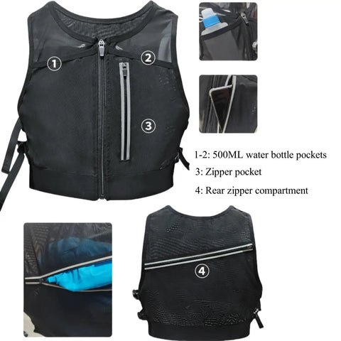 Hands Free Hydration Pack Chest Rig For Running And Fastpacking with two front 500ml bottle pockets and secure zipper pocket