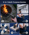 6-in-1 Multi-Purpose Nozzles for Rechargeable Brushless Air Duster With Bright Led Light And High Speed Fan showing various uses.