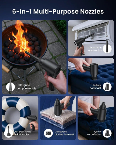 6-in-1 Multi-Purpose Nozzles for Rechargeable Brushless Air Duster With Bright Led Light And High Speed Fan showing various uses.