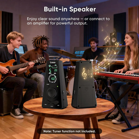 Digital Metronome For Piano Guitar Drums With Clear LCD Screen and Flashing Light on table, musicians playing instruments