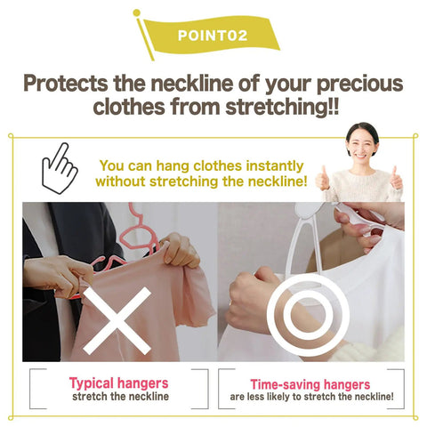 Comparison of typical hangers and One Touch Quick Release Hangers With Collapsible Neckline Protection, Space Saving Cascading Closet Organizer, Prevent Shoulder Bumps, 10 Pack Light Blue And White, Easy In And Out For T Shirts And Sweaters.