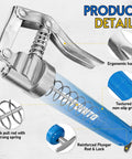 Blue YATOINTO 18-piece mini grease gun kit with ergonomic handle, textured non-slip grip, and spring-loaded plunger