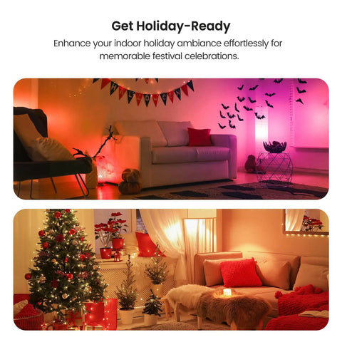 Living room decorated for holidays with dim lighting and festive decor like banners, bats, Christmas tree with lights and gifts.