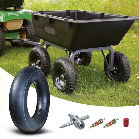 4.80/4.00-8 Inner Tube With Bent Valve Stem Fits Lawn Mowers, Wheelbarrows, Garden Carts, with accessories on grass