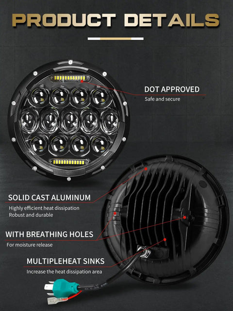 7 Inch Round LED Headlights H6024 Hi Lo Beam DRL DOT Approved Black Housing with cast aluminum and heat sinks