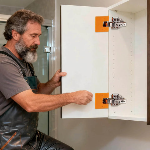 Man using Cabinet Door Mounting Jig With Magnetic Locking For No Drill Installation And Quick Cabinet Hinge Alignment on cabinet