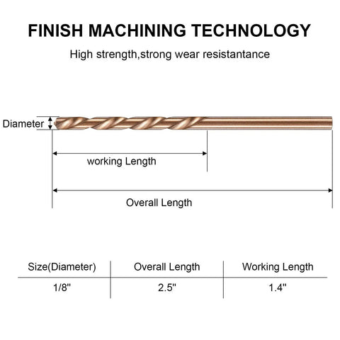 Diagram of Fifteen Piece One Eighth Inch Cobalt Drill Bit Set M35 High Speed Steel Twist Drill Bits For Hardened Metal dimensions