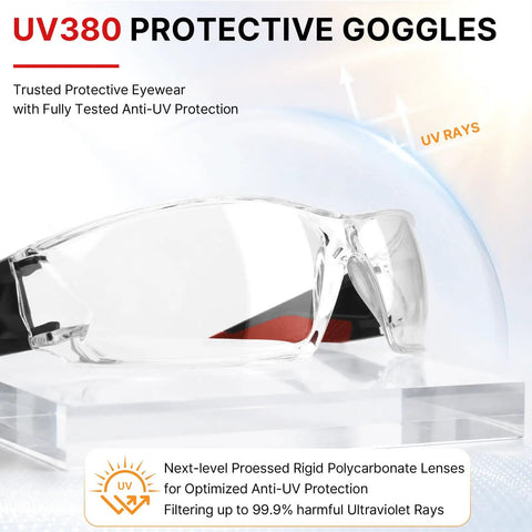 Thirty Pack Clear Safety Glasses For Men Bulk Hustle Ready Wrap Around Fit showing UV380 protective goggles with clear lenses.