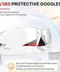 Real Deal Clear Safety Glasses For Men Bulk Pack Featuring Ansi Z87.1 Compliance wrapping design and shatter resistant polycarbonate lenses on a clear display.