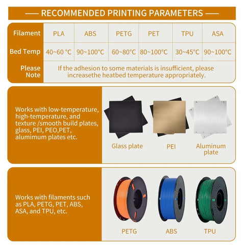 Recommended printing parameters for Heavy Duty 3D Printer Adhesive Glue, including filament types and bed temperatures for ABS, PLA, PETG, and TPU.