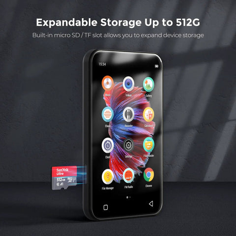 Image of 72GB WiFi MP3 Player With Bluetooth 4.0 Inch Full Touch Screen MP4 Player With Speaker showing expandable storage via micro SD card.
