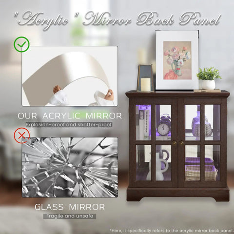 32 Inch Glass Liquor Cabinet With Seven Color LED Lights Smartphone Control Mirrored Display Panel Adjustable Shelves