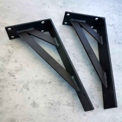 2 Pack Straight Up Heavy Duty Triangle Shelf Brackets Built Like A Tank For Wall Mounted Floating Shelves Rugged Carbon Steel Corner Supports With Mounting Hardware Matte Black 31.5 Inches showing matte black finish and sturdy design.