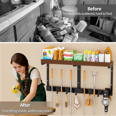 Space Saving Wall Mount Broom Holder With Cleaning Supplies Organizer, Mop Rack, Vacuum Organizer And Shelf installed in a room
