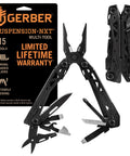 Suspension NXT 15 In 1 EDC Multitool with pliers, wire stripper, knife, and more tools displayed, black color.