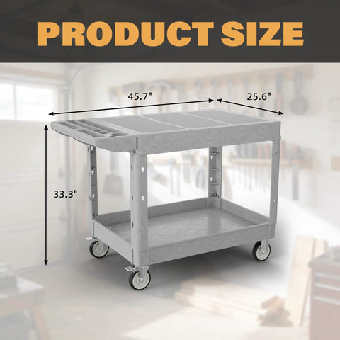 Heavy Duty Utility Rolling Tool Cart With 1000 Lb Capacity, Flat Top Plastic Cart With Two Trays And Easy Rolling Wheels in garage