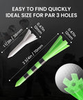 Golf tees in two sizes labeled for par 3 holes, part of Durable Unbreakable Plastic Golf Tees Set That Stays Tough In Three Sizes Three And One Quarter Inch Two And Three Quarter Inch One And A Half Inch Includes Eighty Driver Tees And Twenty Iron Tees Mixed Pack For Longer Straighter Drives