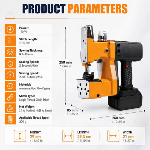 Handheld Portable Bag Sewing Machine For Farms And Logistics Sites With 2 Thread Spools, Battery Powered Woven Sac Sealer, with specifications