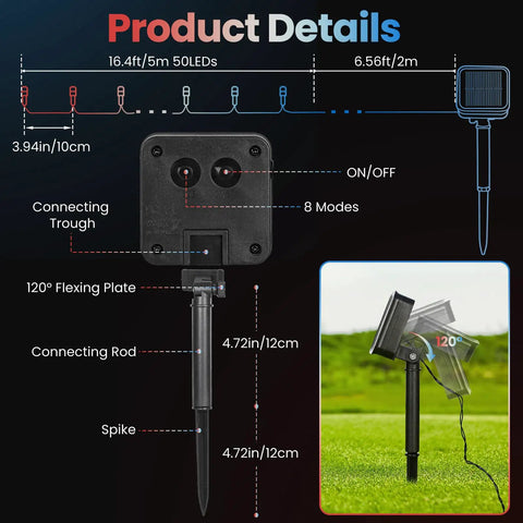 Diagram showing components of Solar Red White And Blue String Lights Outdoor Weatherproof For 4th Of July And Memorial Day Decor.