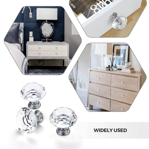 Crystal Glass Drawer Knobs 25 Pack Diamond Shaped 30mm with Silver Base for Cabinets and Furniture in use on drawers