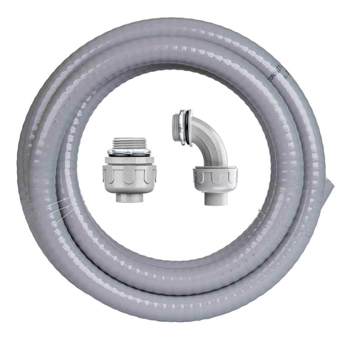 Half Inch 10 Ft Non Metallic Liquid Tight Flexible Conduit Kit With Straight And 90 Degree Angle Fittings For Electrical Wiring