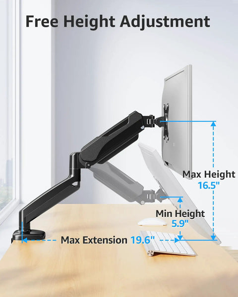 Full Motion Desk Mount For One Monitor Up To 32 Inches, Height Adjustable Arm With Clamp Or Grommet Base, VESA 75x75/100x100 Compatible