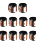 Ten Pack Oilless Bushing Sleeve Bearings 0.31 Inch Bore By 0.39 Inch Outer Diameter By 0.31 Inch Length stacked in rows.