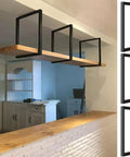 Heavy Duty Square Pipe Shelf Brackets With Screws Black Ceiling Mount Floating Shelf Supports Built Like A Tank Industrial Wall Hardware For Instant Storage Wins 3 Pack Set displayed with wooden shelf.