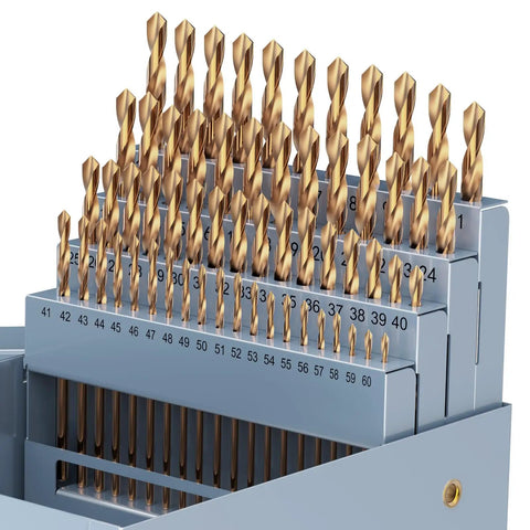 60-Piece Cobalt Drill Bit Set M35 High Speed Steel Jobber Length For Tough Metals And More, Boss Quality For Hardened Stainless Steel, Cast Iron, Copper, Aluminum, Wood And Plastic, Includes Durable Index Storage Case, Sizes 1 To 60 displayed in storage case