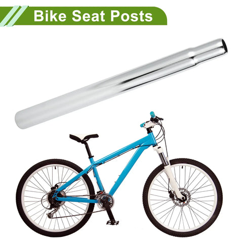 Universal 25.4x300mm Silver Tone Bike Seat Post Built To Last Steel Saddle Post shown above a blue bike for easy fit and comfort