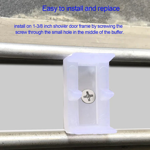 Clear Framed Sliding Shower Door Bumpers 2 Pack With Screws Elastic Plastic Rubber Stoppers For 1-3/8 Inch Frame Glass Shower Enclosures Protects Doors And Enclosures In Tub Enclosure Systems Easy To Install And Replace; close-up of bumper with screw on metal frame