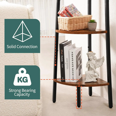 Deadly Solid 5 Tier Corner Bookcase With Heavy Steel Frame And Thick Rustic Wood Shelves showcasing solid connection and strong bearing capacity.