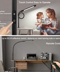 Swing Arm Desk Lamp With Remote Eye Care Gooseneck LED Clamp Light Dope Brightness And Color Temperature Memory Function And Timer Low Glare 12W Black in use, showing touch and remote controls.