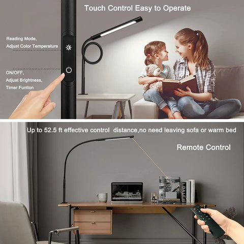 Swing Arm Desk Lamp With Remote Eye Care Gooseneck LED Clamp Light Dope Brightness And Color Temperature Memory Function And Timer Low Glare 12W Black in use, showing touch and remote controls.