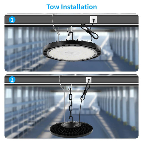4 Pack LED High Bay Lights 5000K 300W UFO High Bay Lamps 31500 Lumens with US Plug, tow installation in warehouse.