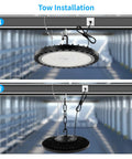 2 Pack 300W LED High Bay UFO Lights With 5000K White, 30,000 Lumens, IP65, US Plug And Play shown in installation process