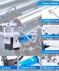 Pro Grade Pneumatic Steel Strapping Machine Featuring Heavy Duty Tensioner Cutter Sealer And Handheld Banding Tool close-up of motor, valve, and tensioning features.