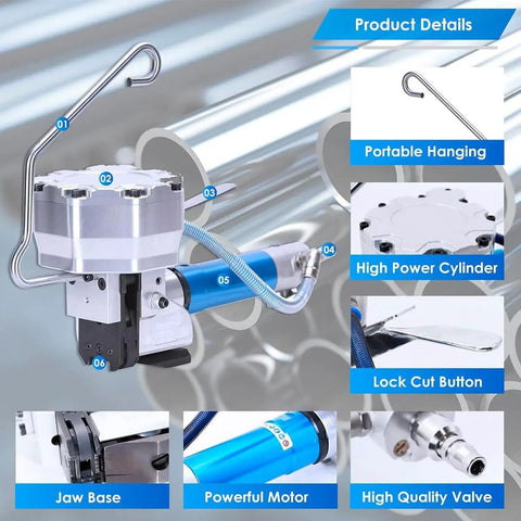 Pro Grade Pneumatic Steel Strapping Machine Featuring Heavy Duty Tensioner Cutter Sealer And Handheld Banding Tool close-up of motor, valve, and tensioning features.