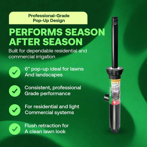 Professional-grade 6-inch pop-up sprinkler head shown with features for reliable lawn irrigation and landscaping use.