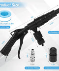 Pro Grade Coolant Flush Gun And Heater Core Cleaner Kit For Radiator And Engine Cooling System Featuring Dead Simple Dual Air Water Pressure And Slick One Hand Controls Fits 19 To 40 Mm Hoses with size details shown.