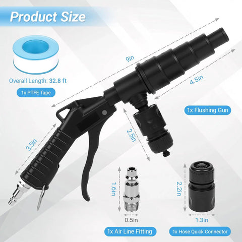 Pro Grade Coolant Flush Gun And Heater Core Cleaner Kit For Radiator And Engine Cooling System Featuring Dead Simple Dual Air Water Pressure And Slick One Hand Controls Fits 19 To 40 Mm Hoses with size details shown.
